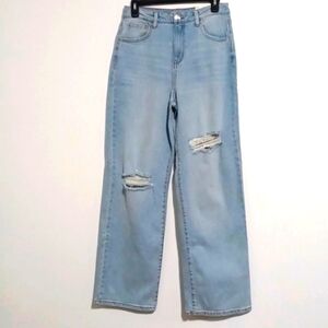 "Super High Rise Wide Leg" long blue jeans.  Distressed denim pants. Size 9. NWT